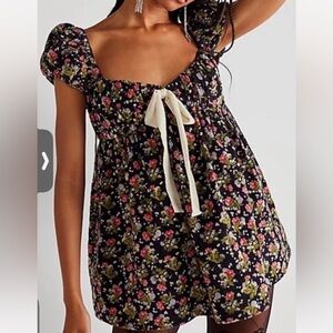 Free People Gaia Corduroy Floral Puff Sleeve Dress with Bow